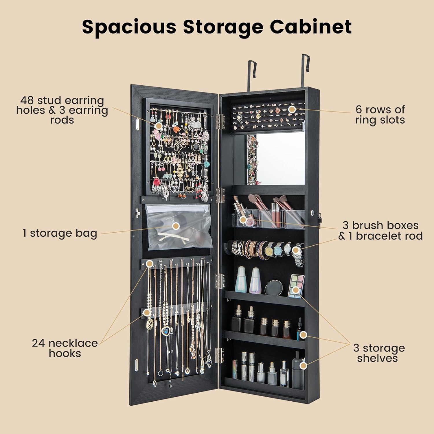 Full-Length Lighted Mirror Jewelry Cabinet with Drawers